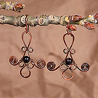 Hematite dangle earrings, 'Bloom of Fortitude' - Floral Antiqued Copper and Natural Hematite Dangle Earrings