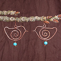 Copper dangle earrings, 'Bluebird Shadow' - Recon Turquoise and Antiqued Copper Bird Dangle Earrings