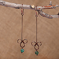 Agate dangle earrings, 'Ribbons of Luck' - Artisan-Made Natural Green Agate and Copper Dangle Earrings