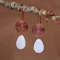 Copper dangle earrings, 'Healing Hypnosis' - Spiral-Shaped Classic Copper and Sadaf Stone Dangle Earrings