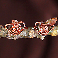 Copper button earrings, 'Tiny Chant' - Bird-Themed Folk Art Copper Button Earrings from Armenia