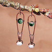 Agate and cultured pearl dangle earrings, 'Pearly Altars' - Green Agate and Cream Cultured Pearl Copper Dangle Earrings