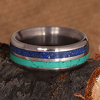 Lapis lazuli and malachite band ring, 'Blue Titan' - Modern Matte Natural Lapis Lazuli and Malachite Band Ring