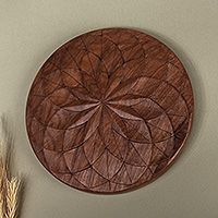 Wood relief panel, 'Petals of Life' - Handmade Floral Walnut Wood Round Relief Panel from Armenia