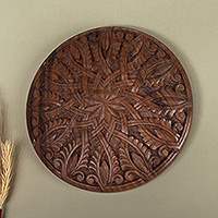 Wood relief panel, 'Sylvan Armenia' - Folk Art Nature-Themed Leafy Round Walnut Wood Relief Panel