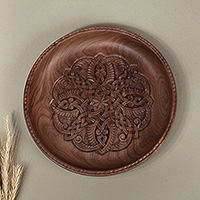 Wood decorative plate, 'Forest Tradition' - Sylvan-Themed Leafy Polished Walnut Wood Decorative Plate