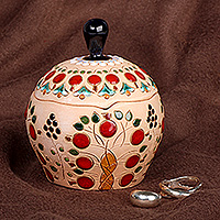 Ceramic jewelry box, 'Precious Prophecy' - Folk Art Hand-Painted Pomegranate-Themed Ceramic Jewelry Box