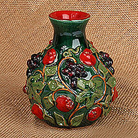 Ceramic bud vase, 'Pomegranate Oasis' - Sylvan Pomegranate-Themed Glazed Leafy Green Ceramic Vase