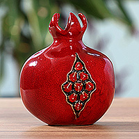 Ceramic mini vase, 'Pomegranate Spirit' - Classic Hand-Painted Glazed Red Pomegranate Ceramic Vase