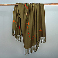 Cashmere wool shawl, 'Olive Vine' - Handwoven Embroidered 100% Cashmere Wool Shawl in Green