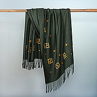 Cashmere wool shawl, 'Emerald Geometry' - Hand-Woven Cashmere Wool Shawl with Armenian Embroidery