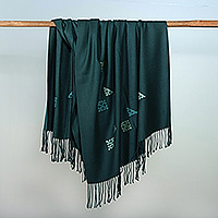 Cashmere wool shawl, 'Teal Diamond' - Hand-Woven Embroidered Fringed Cashmere Wool Shawl in Teal