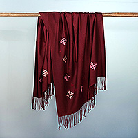 Cashmere wool shawl, 'Burgundy Star' - Hand-Embroidered and Woven Burgundy Cashmere Wool Shawl