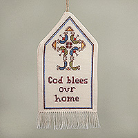 Cotton ornament, 'Cross Blessings' - Classic Embroidered Cross-Themed Fringed Cotton Ornament