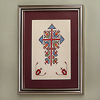 Embroidered wall art, 'Vital Roots' - Embroidered Cross Framed 100% Cotton Wall Art from Armenia