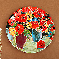 Ceramic decorative plate, 'Tulip Bloom' - Tulip-Themed Painted Red and Green Ceramic Decorative Plate