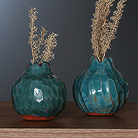 Ceramic vases, 'Turquoise Harmony' (pair) - Painted Pomegranate-Shaped Ceramic Vase Pair in Turquoise