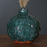 Ceramic vase, 'Turquoise Omen' - Handcrafted Glazed Pomegranate-Shaped Turquoise Ceramic Vase