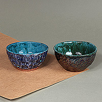 Ceramic bowls, 'Twin Splendor' (set of 2) - Classic Armenian-Made Blue and Teal 2-Piece Ceramic Bowl Set