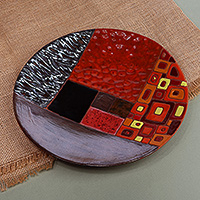 Ceramic serving plate, 'Sunburst Mosaic' - Armenian-Made Warm-Toned Glazed Round Ceramic Serving Plate