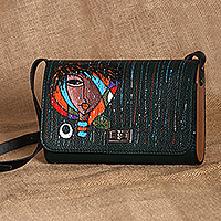 Leather sling bag, 'Chromatic Goddess' - Hand-Painted Adjustable Leather and Walnut Wood Sling Bag