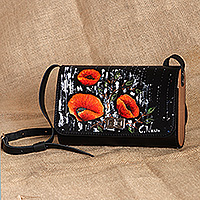 Leather sling bag, 'Tulip Dream' - Tulip-Themed Hand-Painted Leather and Walnut Wood Sling Bag