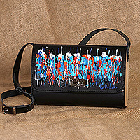 Leather sling bag, 'Prismatic Rain' - Abstract-Themed Blue and Black Leather and Wood Sling Bag