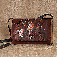 Leather sling bag, 'Cosmic Voyage' - Armenian-Made Planet-Themed Brown Leather and Wood Sling Bag