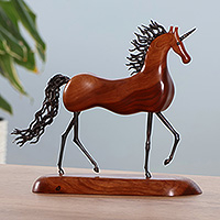 Wood and iron sculpture, 'Whimsical Unicorn' - Polished Unicorn-Themed Apricot Wood and Iron Sculpture