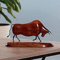 Wood and iron sculpture, 'Majestic Bull' - Handmade Apricot Wood and Iron Bull Sculpture from Armenia