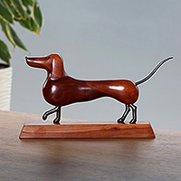 Wood and iron sculpture, 'Tenacious Paws' - Hand-Carved Dachshund-Themed Apricot Wood and Iron Sculpture