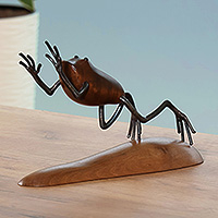 Wood and iron sculpture, 'Leaping to Nature' - Polished Apricot Wood and Iron Frog Sculpture from Armenia