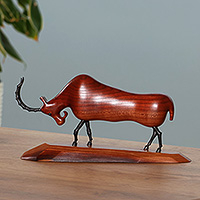 Wood and iron sculpture, 'Majestic Ram' - Folk Art-Inspired Carved Apricot Wood and Iron Ram Sculpture