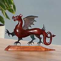 Wood and iron sculpture, 'Ethereal Dragon' - Traditional Handmade Apricot Wood and Iron Dragon Sculpture