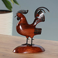 Wood and iron sculpture, 'Courteous Rooster' - Armenian Handmade Apricot Wood and Iron Rooster Sculpture