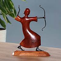 Wood and iron sculpture, 'Elite Stance' - Armenian-Inspired Apricot Wood and Iron Archer Sculpture