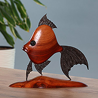 Wood and iron sculpture, 'Marine Sense' - Sea Life-Themed Carved Apricot Wood and Iron Fish Sculpture