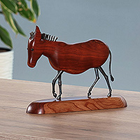 Wood and iron sculpture, 'Perseverant Donkey' - Fine Art Apricot Wood and Iron Donkey Sculpture from Armenia