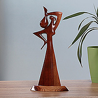 Wood sculpture, 'Woman with Bird' - Semi-Abstract Hand-Carved Polished Apricot Wood Sculpture