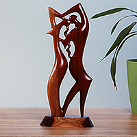 Wood sculpture, 'Dancers in Harmony' - Dance-Themed Semi-Abstract Polished Apricot Wood Sculpture