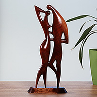 Wood sculpture, 'Lovers Embrace' - Romantic Semi-Abstract High-Polished Apricot Wood Sculpture