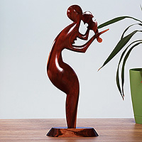 Wood sculpture, 'One Violinist' - Handmade Music-Themed Semi-Abstract Apricot Wood Sculpture