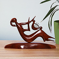 Wood sculpture, 'Harpist in Harmony' - Armenian-Made Semi-Abstract Apricot Wood Harpist Sculpture