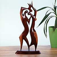 Wood sculpture, 'Dance of Lovers' - Inspirational Dance-Themed Apricot Wood Sculpture of Lovers