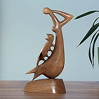 Wood sculpture, 'Cat Company' - Inspirational Semi-Abstract Pet Lover Walnut Wood Sculpture