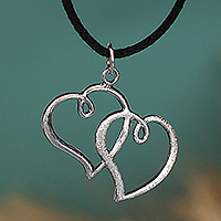 Sterling silver pendant necklace, 'Entwined Hearts' - Romantic Faux Leather Cord Sterling Silver Pendant Necklace