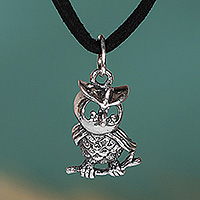 Sterling silver pendant necklace, 'Wise Guide' - High-Polished Sterling Silver Owl Pendant Necklace with Cord