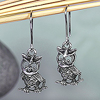 Sterling silver dangle earrings, 'Whimsical Feathers' - Sterling Silver Owl Dangle Earrings in an Oxidized Finish