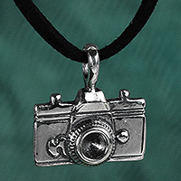 Sterling silver pendant necklace, 'Snapshot Memories' - Faux Leather and Sterling Silver Camera Pendant Necklace