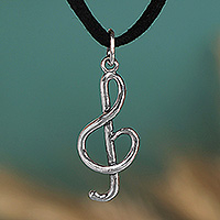 Sterling silver pendant necklace, 'Melodious Twist' - Music-Themed Sterling Silver Treble Clef Pendant Necklace